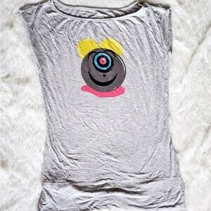 Kira Plastinina Y2K Robot Monster Cap Sleeve Stretch Tee Shirt Gray Size S RARE